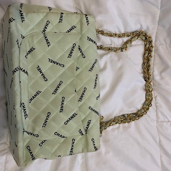 Vintage Chanel Light Mint Green Maxi Jumbo Logo Pattern Quilted Cotton Shoulder - Picture 9 of 15